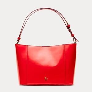 Frances Valentine June Bag Red Glossy Leather Tote FV Logo Adjustable Strap